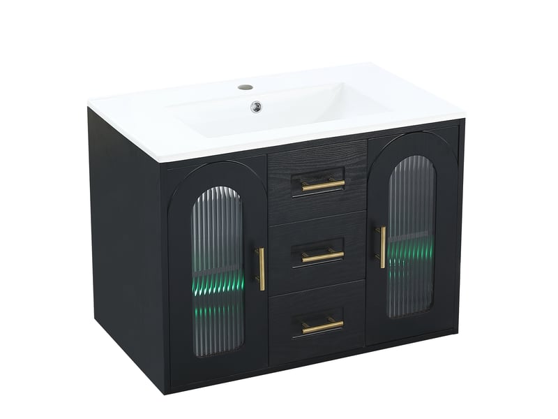  Meuble vasque mural noir 76 cm avec lavabo, porte en verre strié, led et tiroirs  - Conforama D