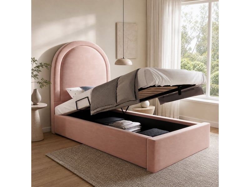  Lit enfant coffre 90x200 cm en velours rose avec sommier à lattes  - Conforama B