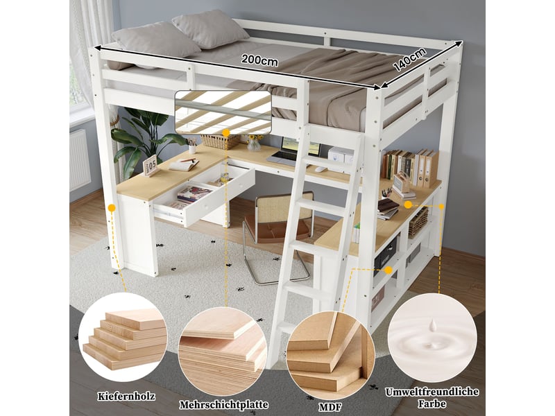  Lit mezzanine blanc et naturel 140x200cm avec rangement, échelle, gain de place, confort durable - bois massif - pour enfant ado  - Conforama B
