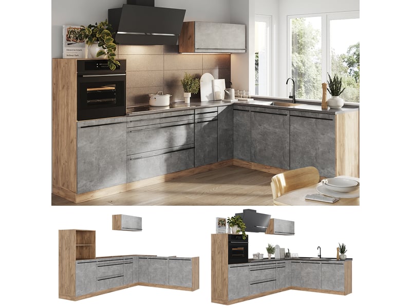  Vicco cuisine en angle, bétonchêne doré, 287 x cm plan de travail chêne doré  - Conforama D