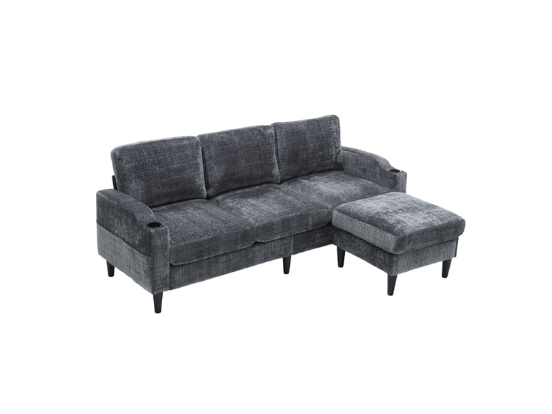  Canapé 4 places 196,5 x 75 x 77 cm avec pouf, rangement, accoudoirs confortables, porte-gobelets, poches latérales, pieds plastique, velours , gris Bliss Lite - Conforama A