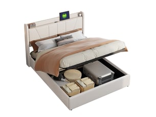 Lit coffre 160x200 cm - ports usb + type-c - tête de lit avec étagère - sommier relevable