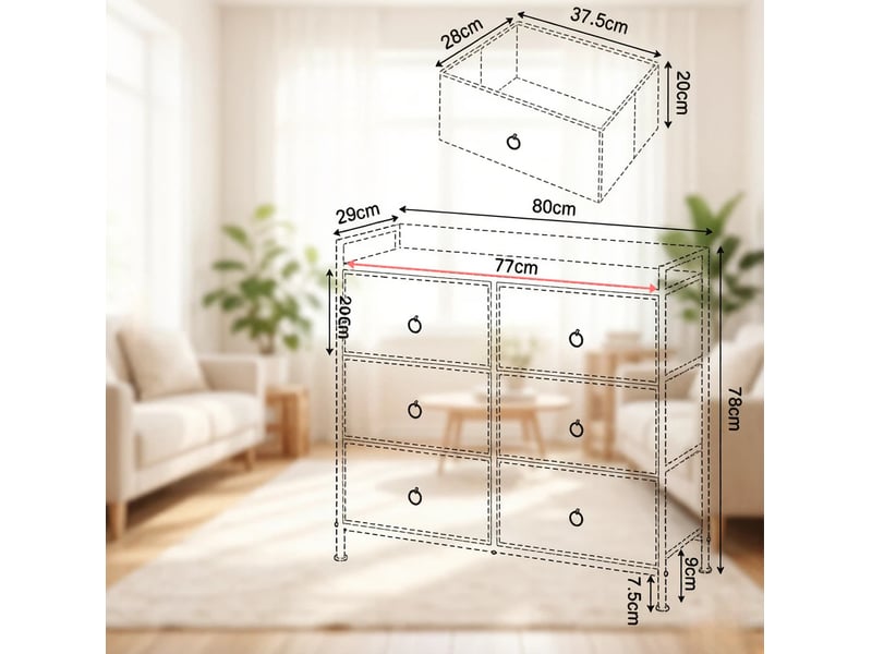  Commode de rangement avec 6 tiroirs et plateau ouvert, anti-basculement, pour entrée et salon en bois, métal et tissu blanc  - Conforama C