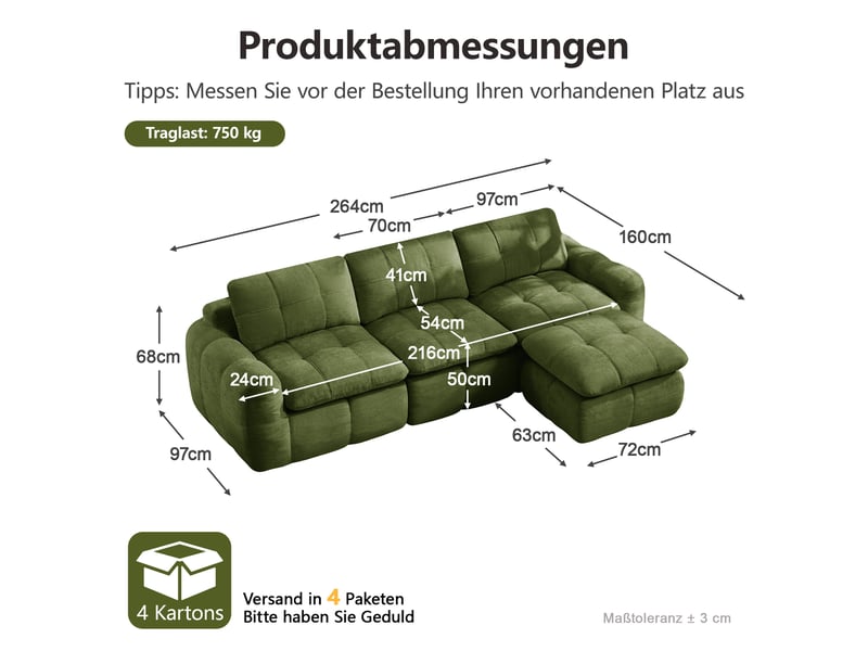  Canapé 3 places - 264 x 160 x 68 cm - canapé modulable en l en chenille avec 1 pouf amovible et coussins - vert  - Conforama E