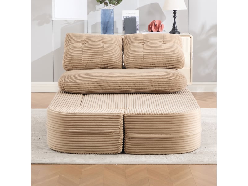  Canapé convertible 2 places avec fonction allongée, porte-gobelets et poches en velours côtelé kaki  - Conforama D