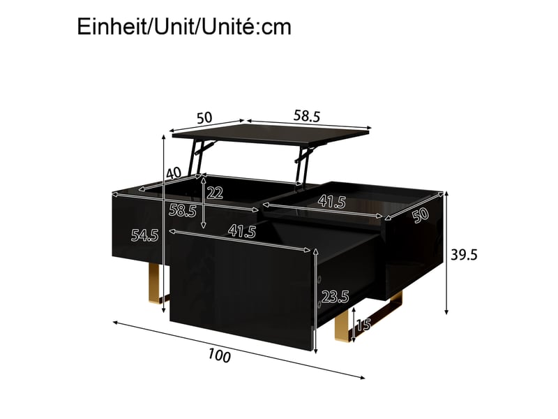  Table basse relevable avec tiroir et rangement caché, noire brillante, pieds en fer doré, pour salon 100 × 50 × 54,5 cm  - Conforama C