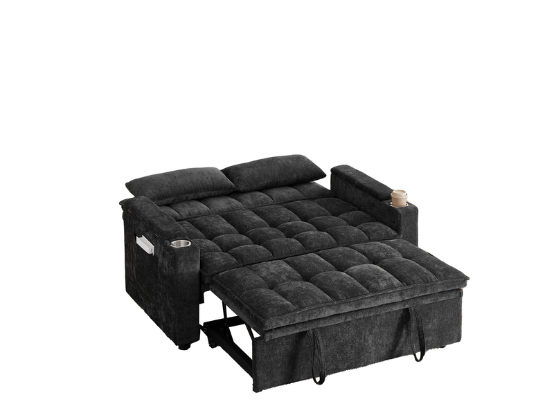  Canapé-lit tcqpz 3 en 1 convertible 142 x 89 x 89 cm en chenille noir avec rangement et porte-gobelets  - Conforama E