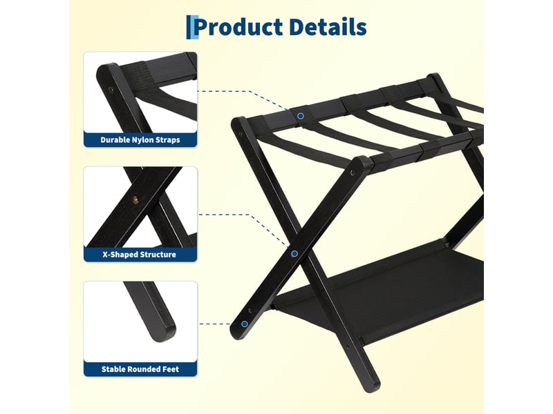 Lot de 2 porte-bagages pliant de luxe en bambou avec étagère, sangles nylon résistantes, charge 50 kg – chambre, salon, hôtel,noir PHK_37RDKALH - Conforama D