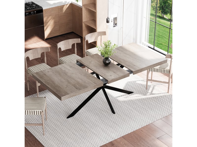 Table à manger extensible 140-180 x 80 cm avec rangement dissimulé, plateau mdf gris, pieds métal noir en x, 4 à 6 places - Conforama C