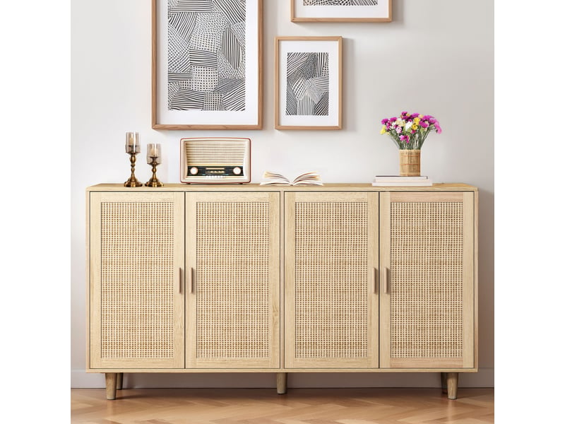  Buffet de décoration naturelle - insertions rotin, 4 portes - pour toute la maison  - Conforama C