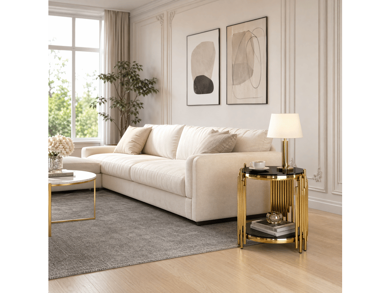  Bout de canapé rond 45x55 cm double plateau verre trempé, acier inoxydable, design luxe noir et doré  - Conforama E