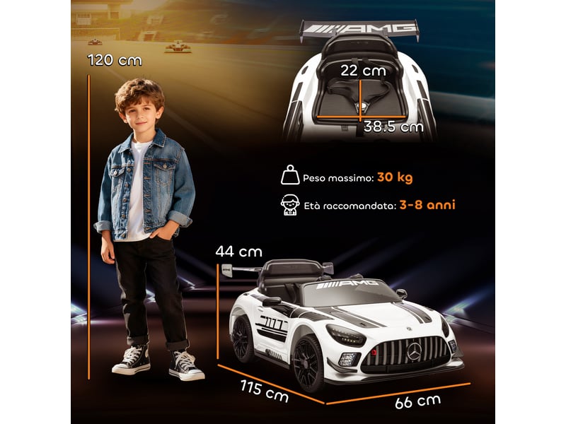  Voiture électrique mercedes-amg 12v pour enfants de 3 à 8 ans avec télécommande, phares led et roues de transport, blanche.  - Conforama E