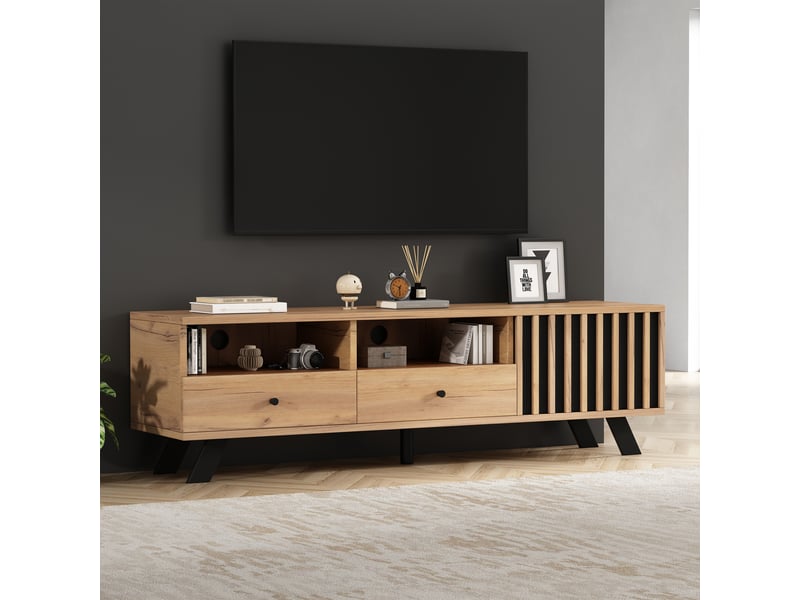  Ensemble meuble tv et buffet assorti, meuble tv pour téléviseur 60 pouces, rangement bois naturel et noir pour salon  - Conforama E