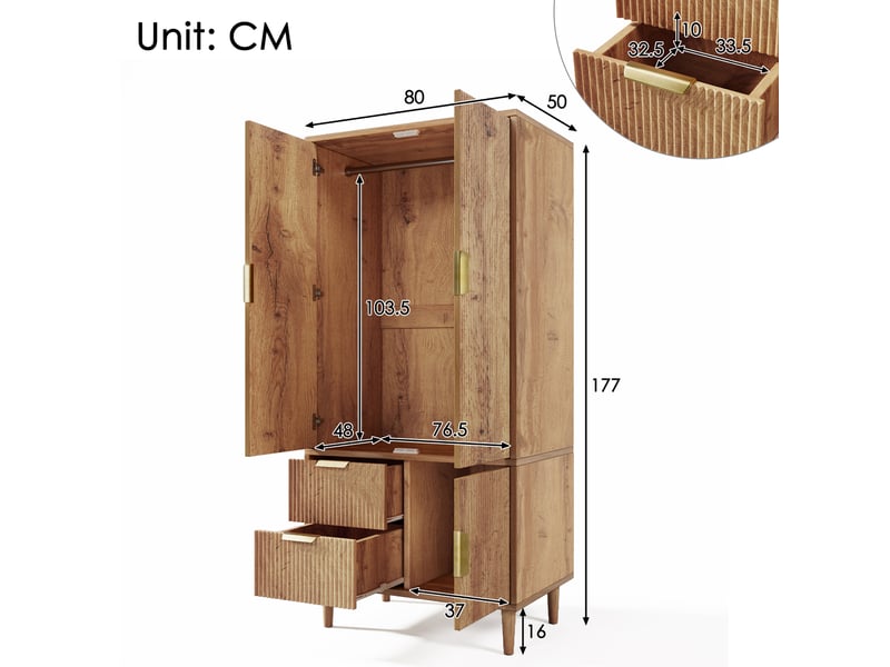 Armoire de chambre 3 portes 80x50x177 cm avec penderie et 2 tiroirs, meuble de rangement et poignées dorées - aspect chêne - Conforama E