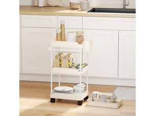 Chariot utilitaire à 3 niveaux, chariot de cuisine avec paniers amovibles et porte-serviettes, blanc