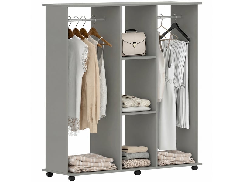  Armoire penderie dressing mobile aosenyunzhou en bois gris avec 6 roulettes 2 barres et 3 étagères 120x40x128 cm T1003-01-18071 - Conforama A
