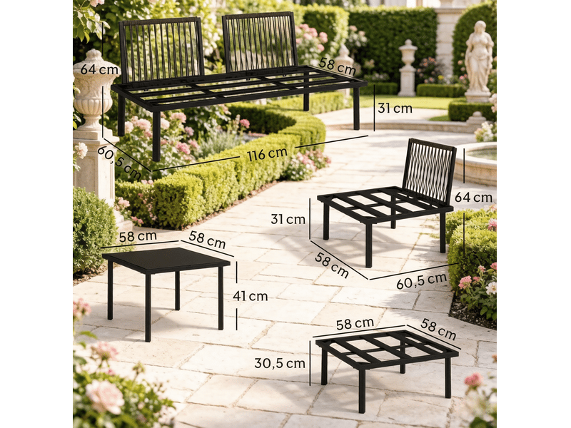  Salon de jardin modulable 6 pièces avec table basse en verre trempé, gris clair et noir  - Conforama C