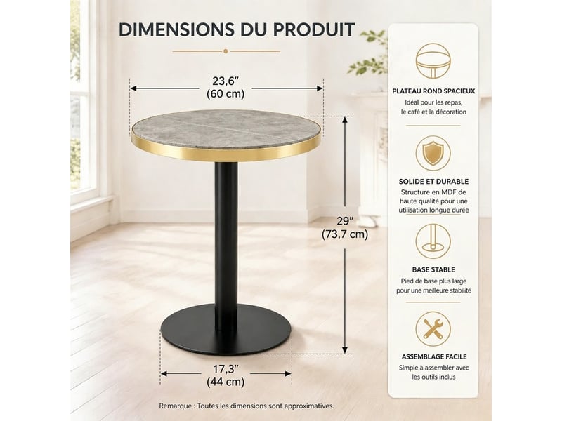 Guéridon rond effet marbre gris – plateau mdf bord doré, piètement métal noir – ø 60 x h 73,7 cm  - Conforama D