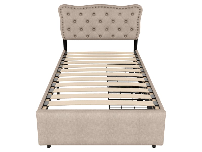 Lit moderne simple 90x200 cm avec 2 tiroirs, lin et mdf, beige foncé, sans matelas - Conforama D
