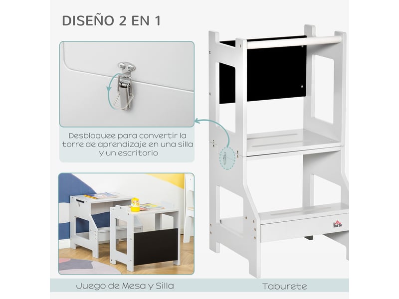 Tour d'apprentissage 2 en 1 convertible en bureau avec tableau blanc et barre de sécurité 42 x 44 x 86 cm gris - Conforama E