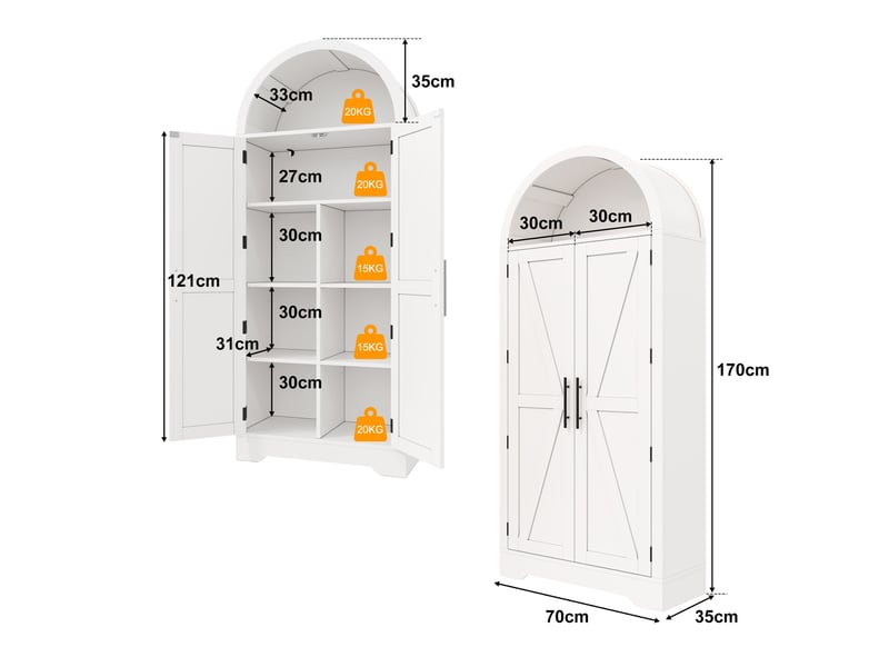  Buffet blanc moderne 170x70x35 cm, armoire de rangement cuisine avec portes et étagères ouvertes, design voûté  - Conforama C
