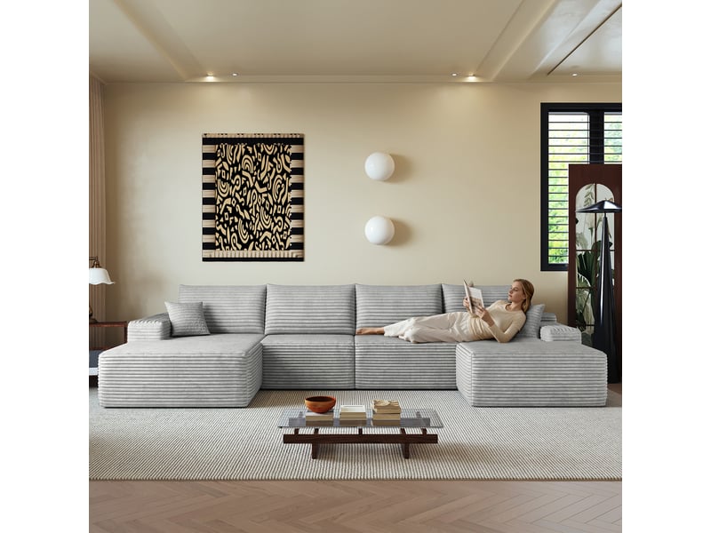  Canapé modulable d’angle en mousse 340 cm, méridienne en l, velours côtelé, assise profonde – gris IKSETERA TRADING LTD - Conforama E