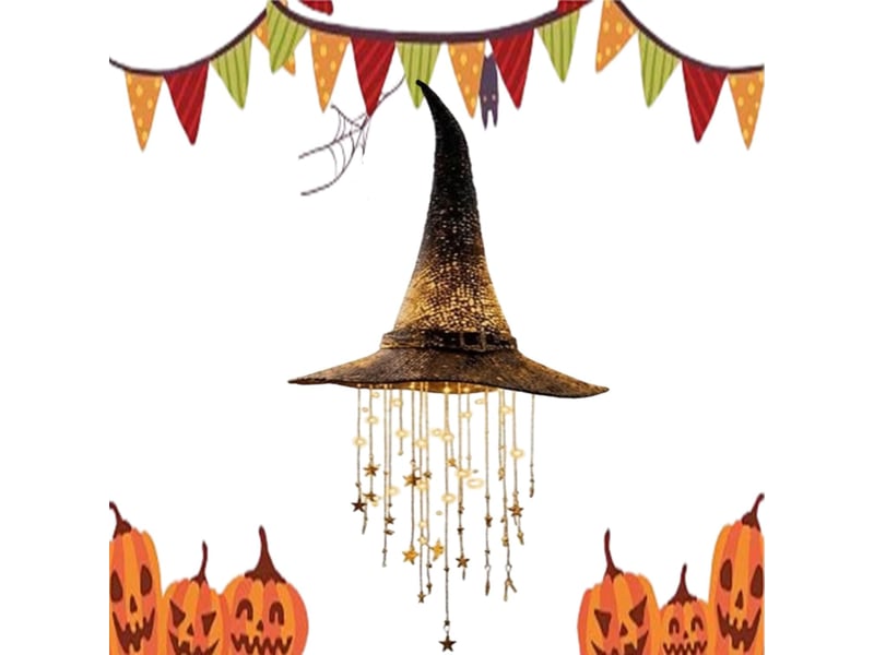  Pack de 1 décoration halloween suspendue, chapeau de sorcière lumineux led avec étoiles et carillon à vent pour porche, jardin et terrasse  - Conforama A