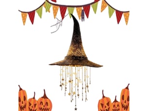 Pack de 1 décoration halloween suspendue, chapeau de sorcière lumineux led avec étoiles et carillon à vent pour porche, jardin et terrasse