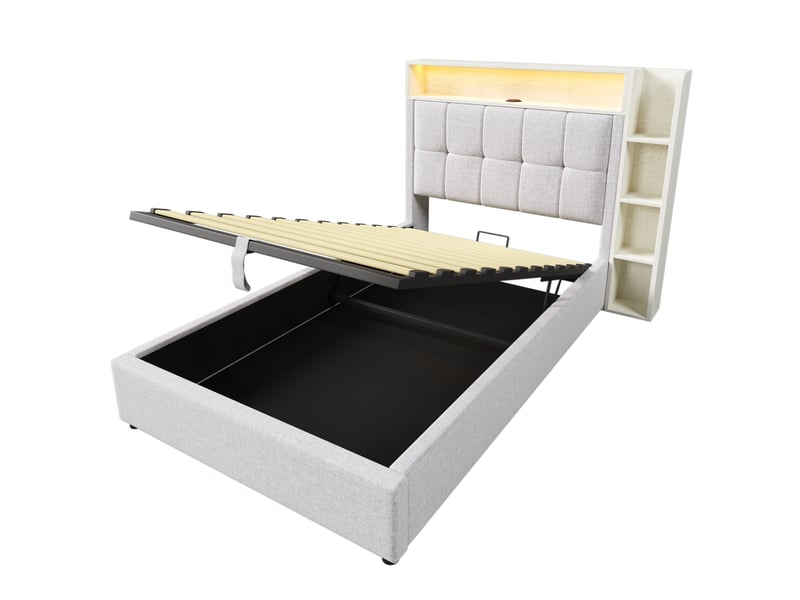  Lit rembourré beige 90x200 cm avec rangement, usb-c et led  - Conforama E