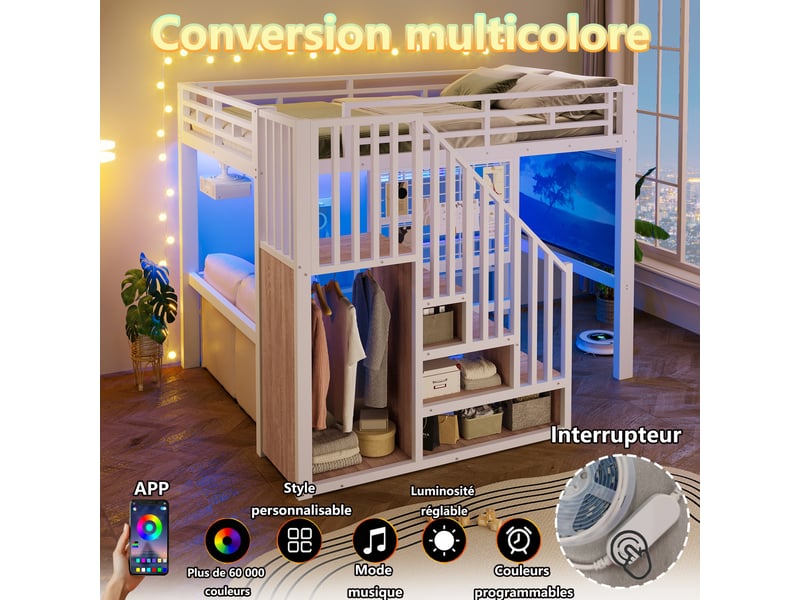 Lit mezzanine 140x200 cm en métal blanc avec escalier rangement, grille et led - Conforama B