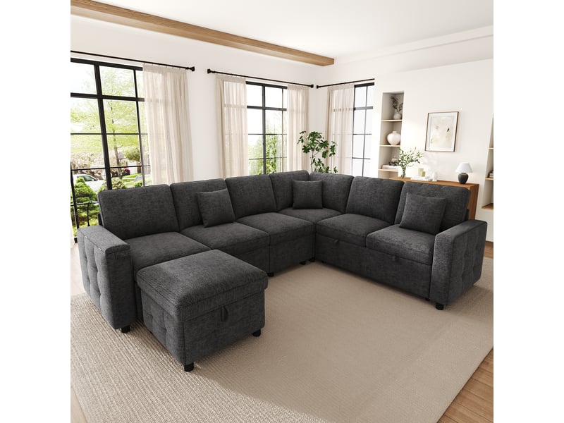  Canapé d’angle convertible 7 places 261x203x88 cm-couchage coulissant-led-usb type c-table pliante-porte gobelet-chenille gris BUYDEEMEUS - Conforama B