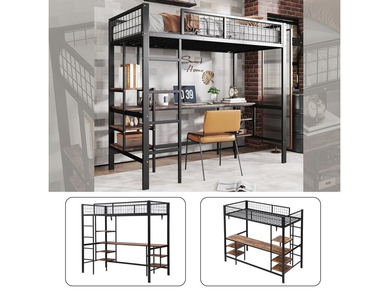  Lit mezzanine 90x200, structure métal lit mezzanine enfant, bureau intégré, étagère, échelle 4 marches  - Conforama D