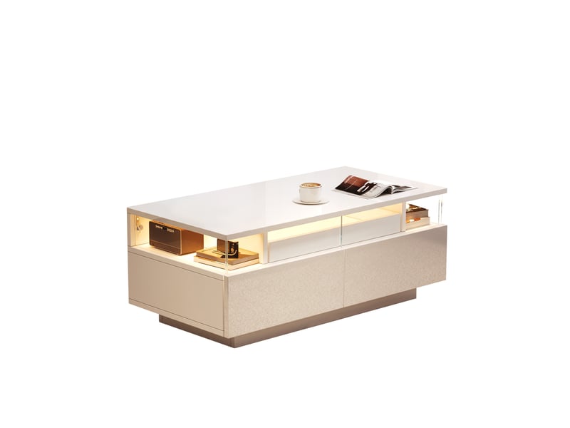  Table basse blanche brillante avec led 90x45cm - 2 tiroirs acrylique et plateau amovible  - Conforama W