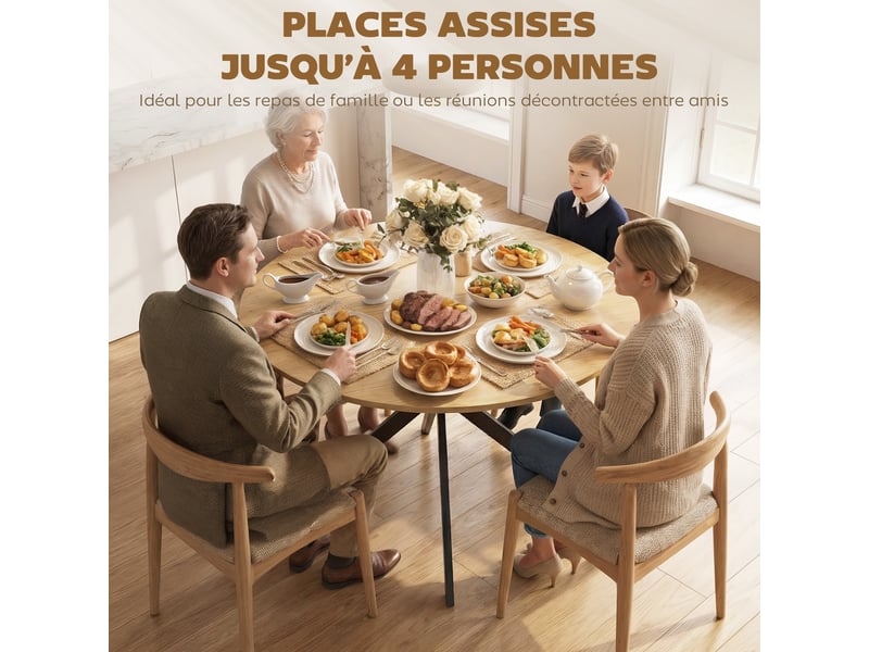 Table à manger ronde pour 4 personnes 100 cm, piètement croisé en acier chêne, style industriel avec plateau aspect bois - Conforama E