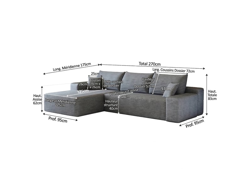  Canapé d'angle modulable gris 3 places velours côtelé avec méridienne en l - 270 cm sans montage  - Conforama C