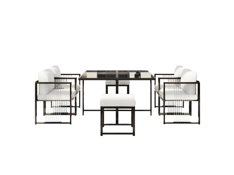  Ensemble de mobilier de jardin pour 6 personnes, 117 x 117 cm, ensemble de 7 pièces avec plateau en verre, 4 fauteuils, 2 tabourets  - Conforama B