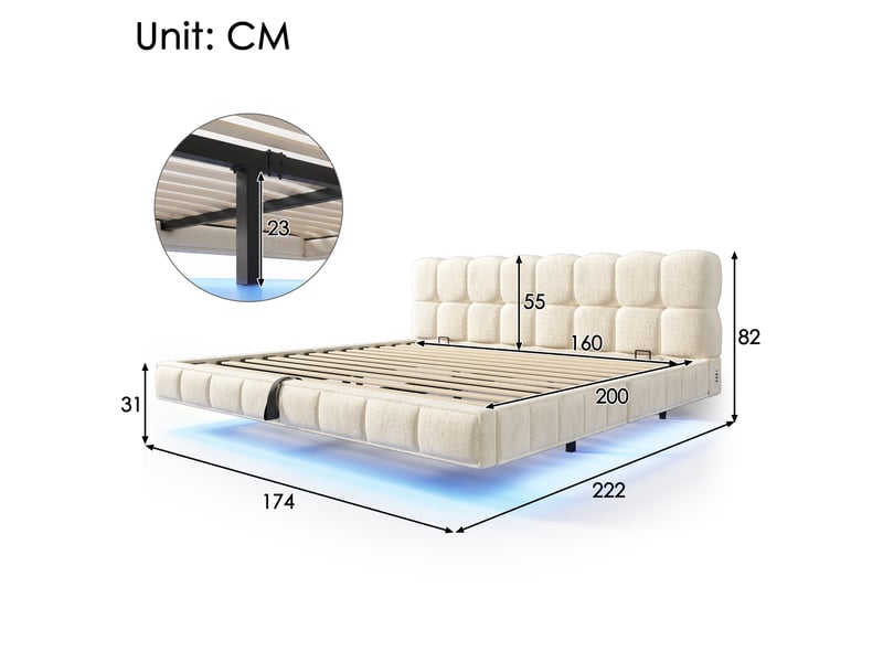  Lit coffre bubble en chenille beige 160x200 cm avec led, usb et type-c Fay Lum - Conforama C