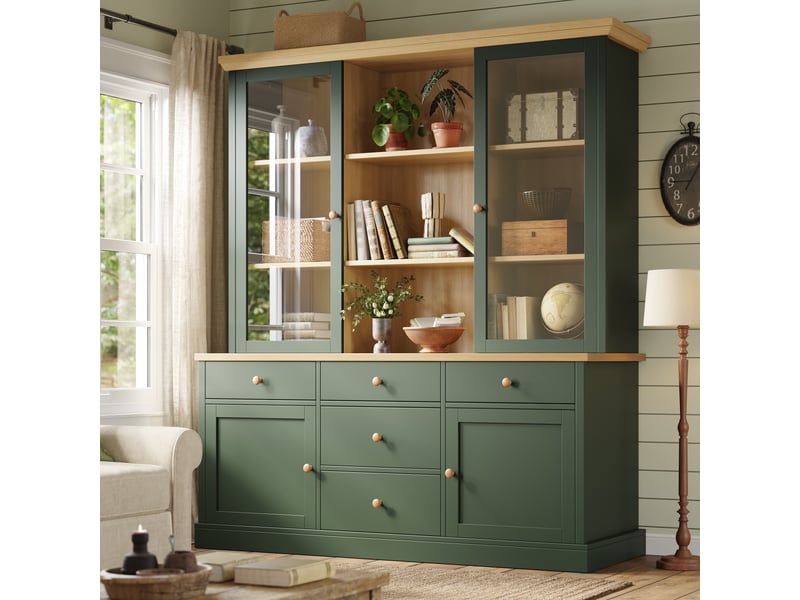  Buffet haut de cuisine 140x40x185 cm, 5 grands tiroirs, portes vitrées, étagères réglables, niches ouvertes, anti-basculement, vert et effet bois  - Conforama C