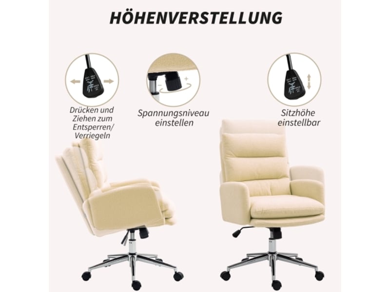  Chaise de bureau ergonomique en fausse laine crème, accoudoirs, inclinable, rembourrée, réglable en hauteur  - Conforama D