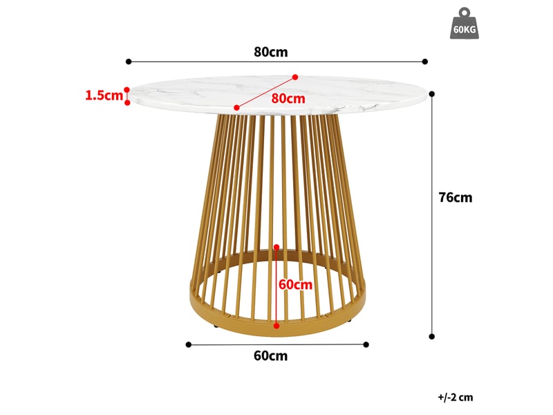 Table ronde ø 80 cm, table de salle à manger, effet marbre, pieds en métal, mdf, blanc et doré - Conforama C