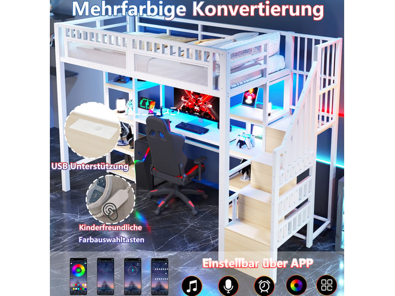  Lit mezzanine 90x200 cm avec bureau, led et rangement coloris blanc  - Conforama B