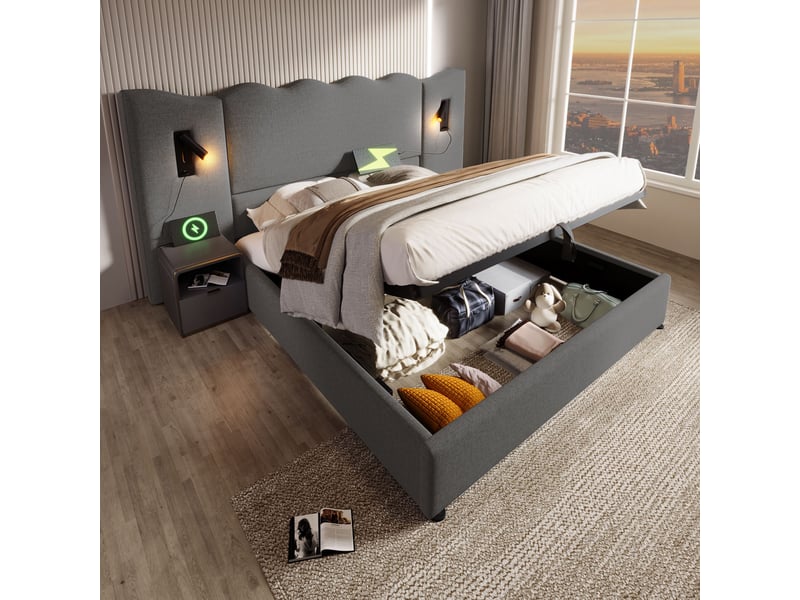  Lit double 160x200 cm - matelas inclus, lampe de lecture, ports usb-c, coffre de rangement, sommier bois et métal  - Conforama E