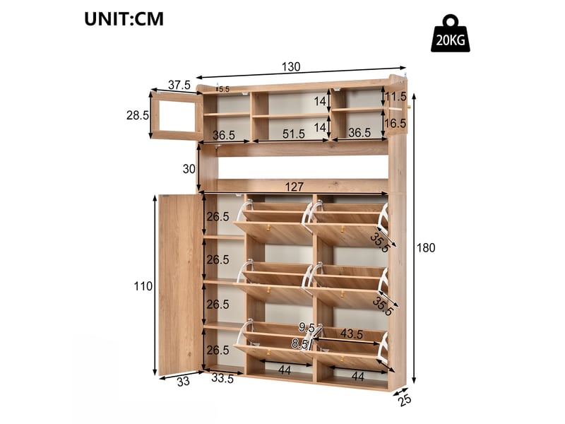  Meuble à chaussures - 130x25x180cm - armoire étroite avec led, 6 casiers abattants, 1 porte &amp; vitrine - bois chêne naturel  - Conforama E