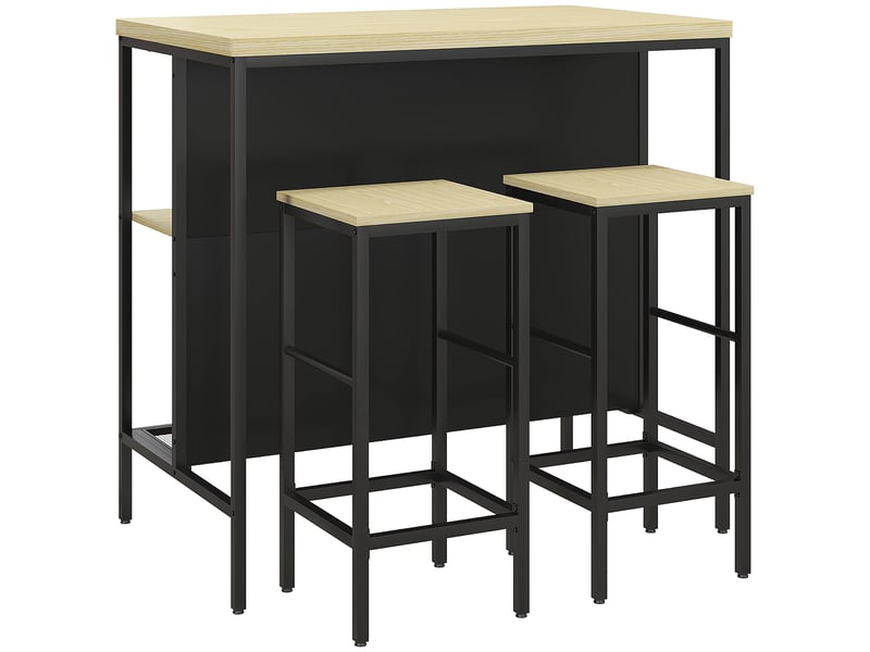  Ensemble table de bar et 2 tabourets style industriel avec étagère de rangement, repose-pieds, métal noir et aspect bois  - Conforama A