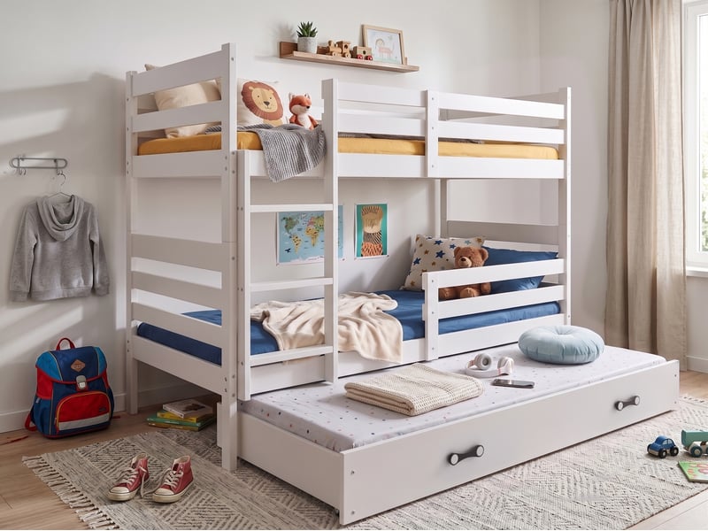  Lit superposé 3 places eric 90x190 cm + lit tiroir 80x180 cm interbeds - bois massif de pin - blanc  - Conforama D