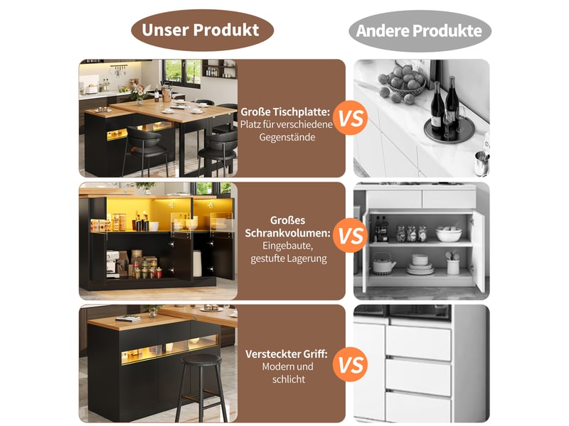  Îlot de cuisine extensible 120-180 cm, meuble bar rotatif 360° avec rangement, portes vitrées et led, mdf - marron foncé  - Conforama E