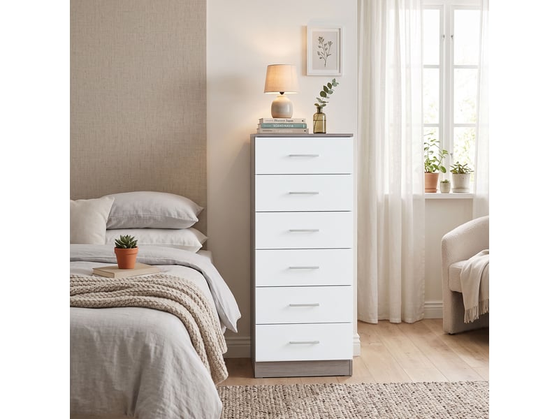  Commode à 6 tiroirs, commode haute de chambre avec dispositif anti-basculement, 40 x 40 x 110 cm, gris clair et blanc  - Conforama D