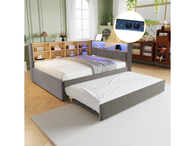  Canapé-lit 140x200 cm + gigogne 90x190 cm avec rangements, led et prises, flanelle gris foncé, sans matelas  - Conforama E