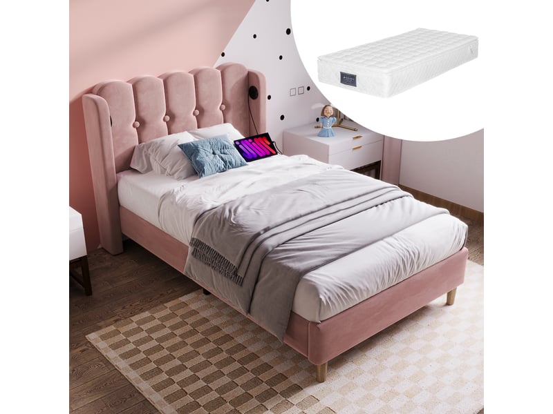  Lit rembourré, lit enfant 90x200 cm, usbusb-c, velours rose, matelas inclus  - Conforama A