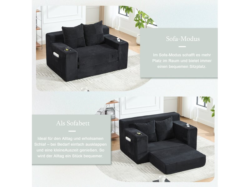  Fauteuil pouf double avec coussins, accoudoirs et poches latérales en velours côtelé noir, 151 × 133 × 64 cm  - Conforama E